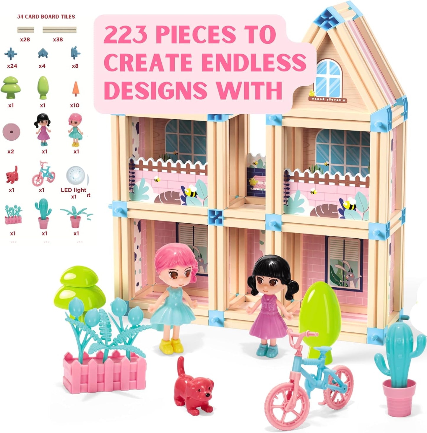 Juego de construcción de casa de muñecas con castillo de princesa en 3D