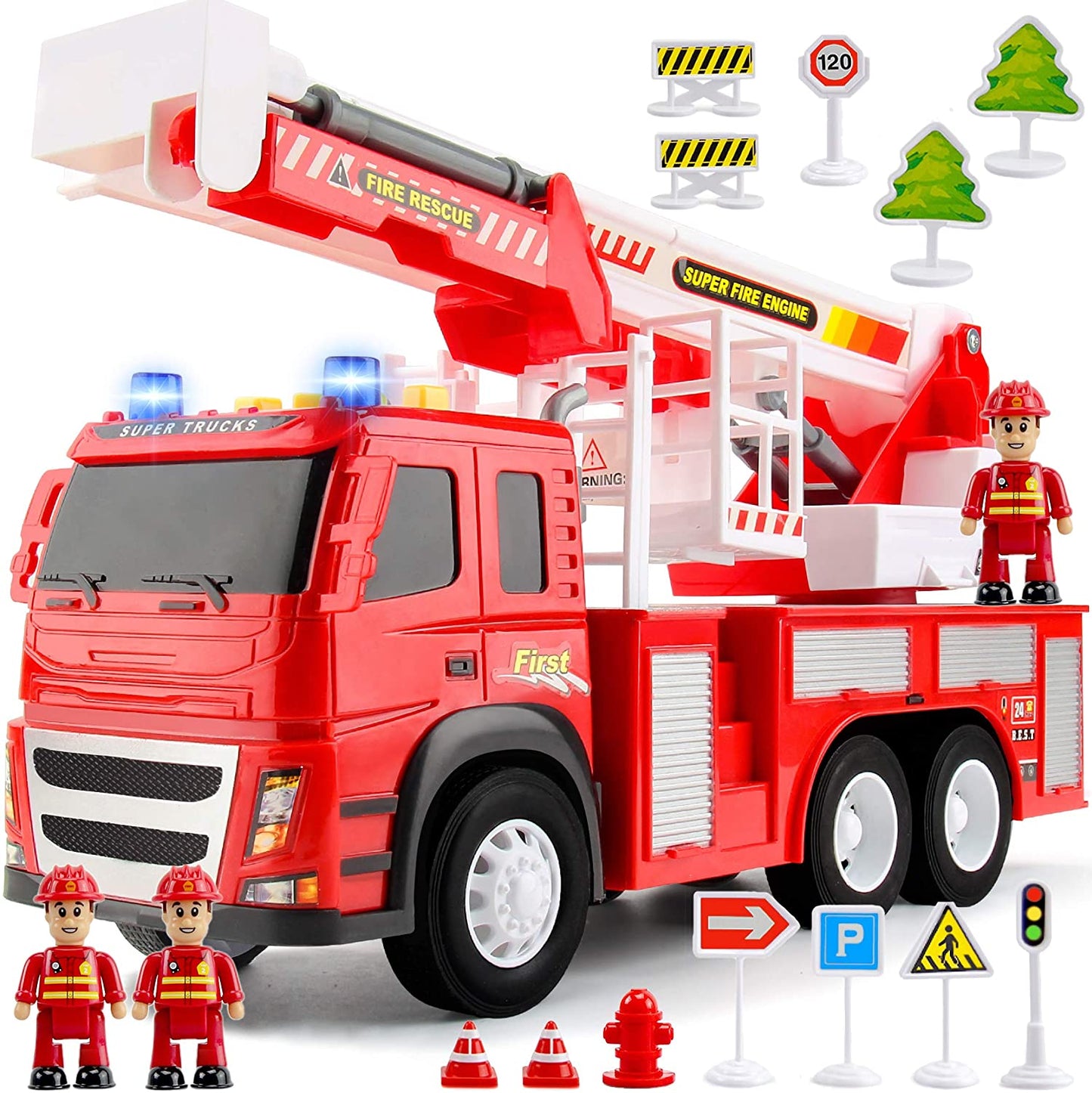 Fire Truck Friction Powered 1:12 Scale with Firefighters and Road Signs