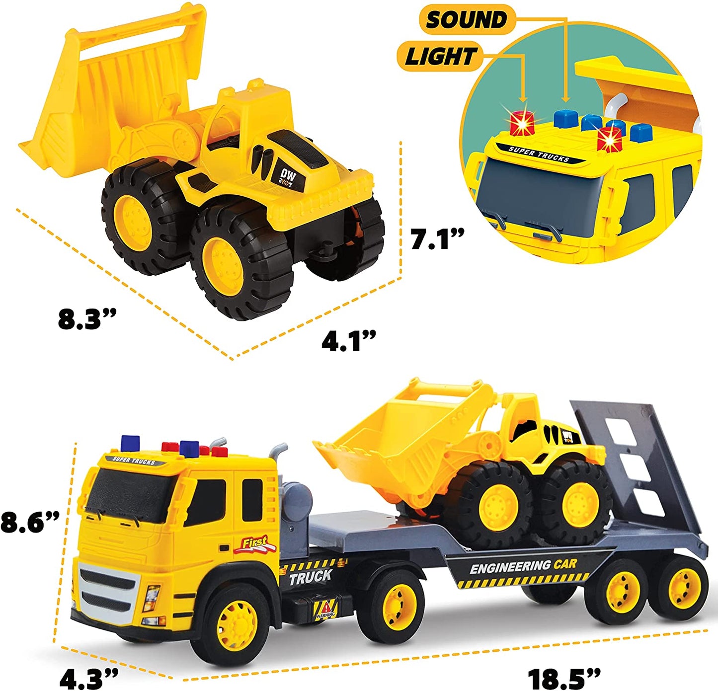 Flatbed Truck with Excavator Tractor | 2 Trucks with Accessories Toy Set