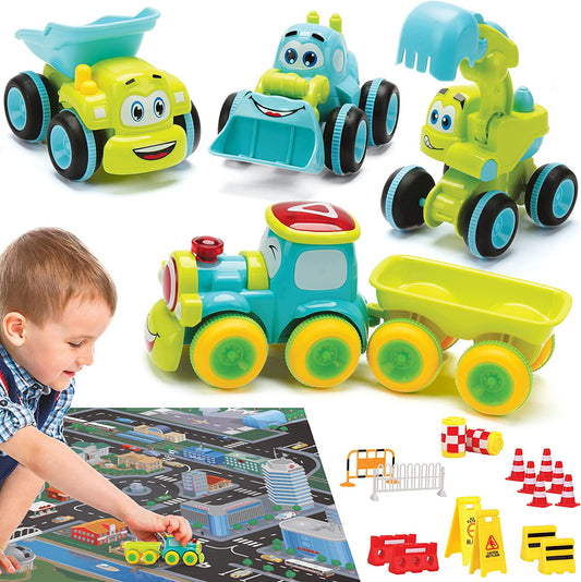 4 camiones de fricción con accesorios | Juguetes para empujar y llevar para niños y niñas
