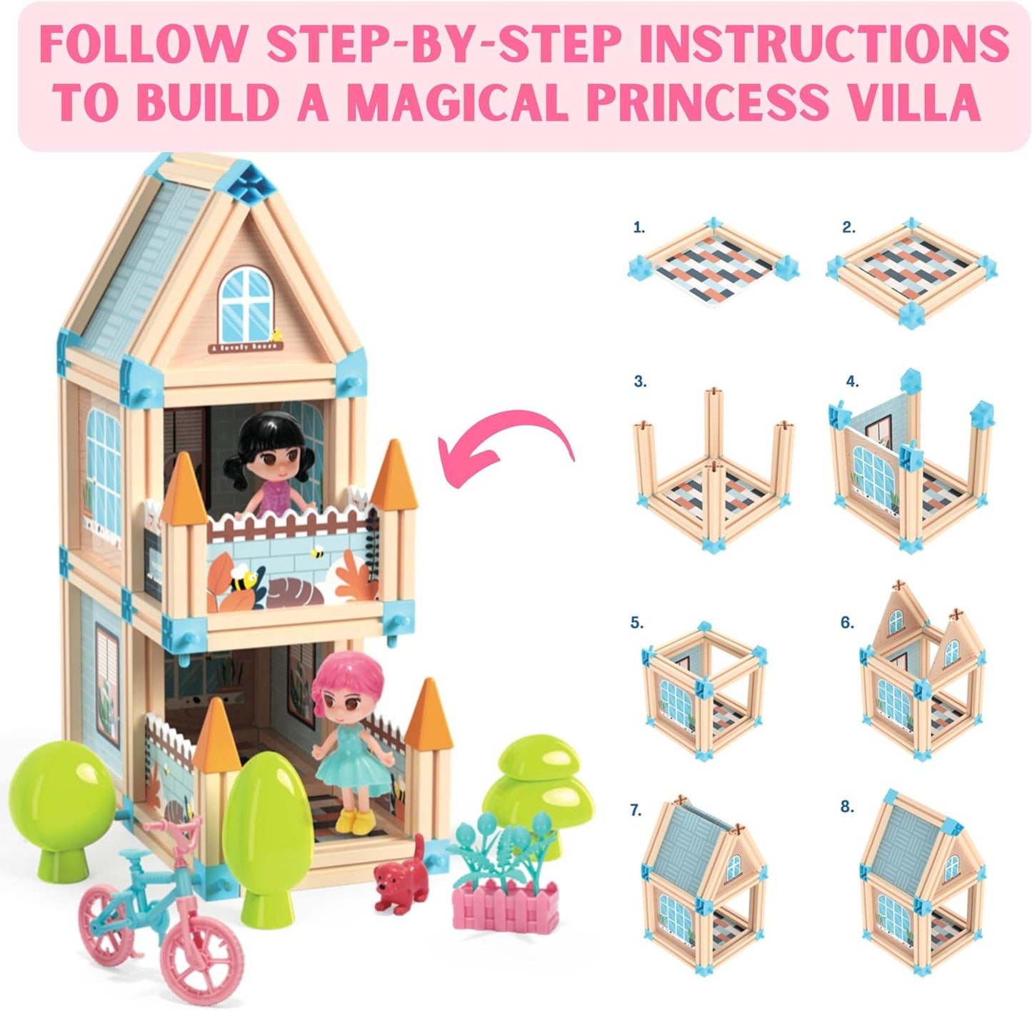 Juego de construcción de casa de muñecas con castillo de princesa en 3D
