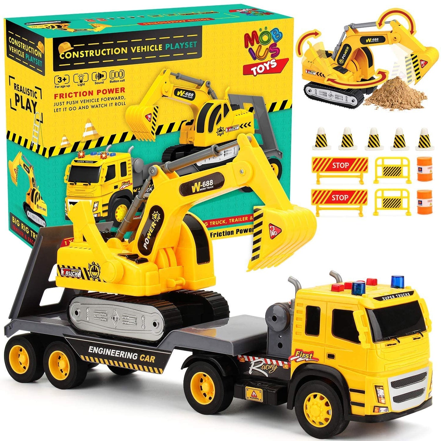 Camión de plataforma a escala 1:12 con tractor excavador