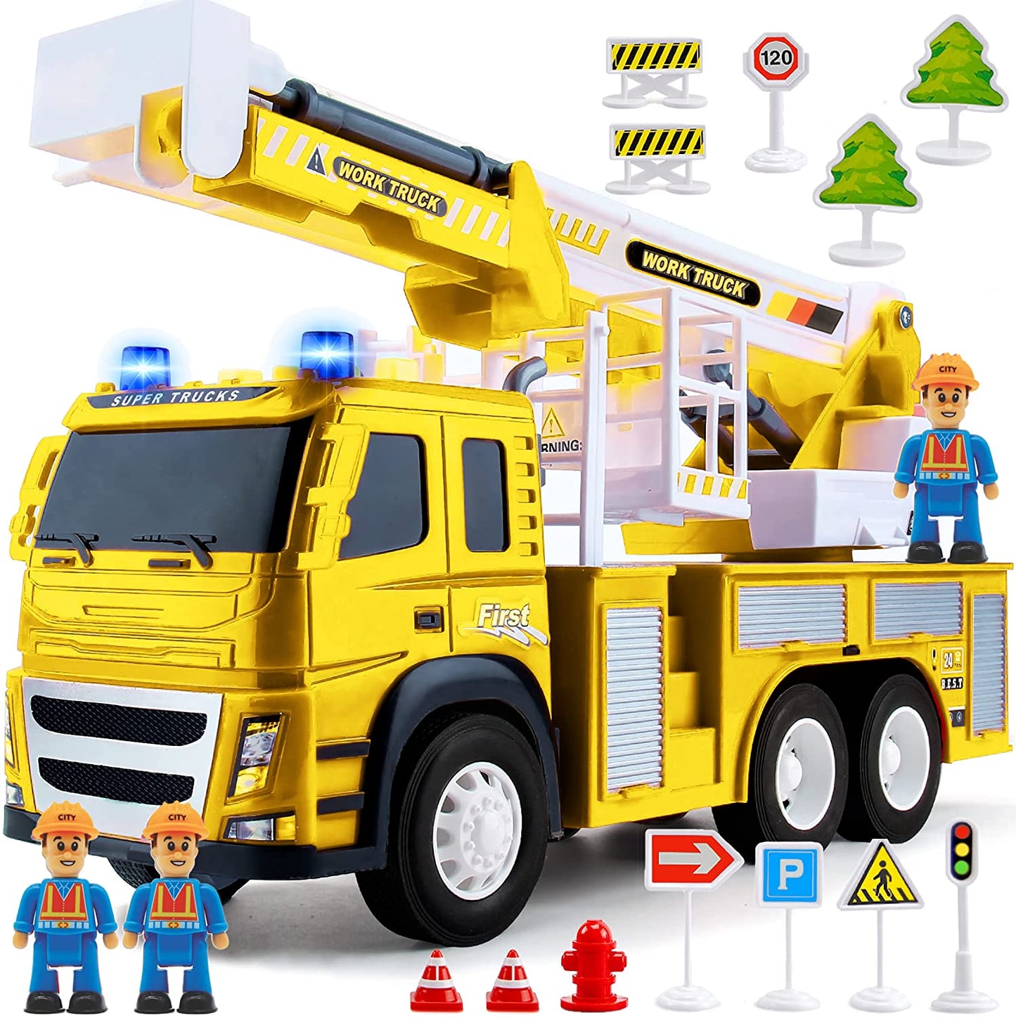 1:12 Scale Basket Truck Toy Playset with Realistic Vehicle, City Workers and Road Signs