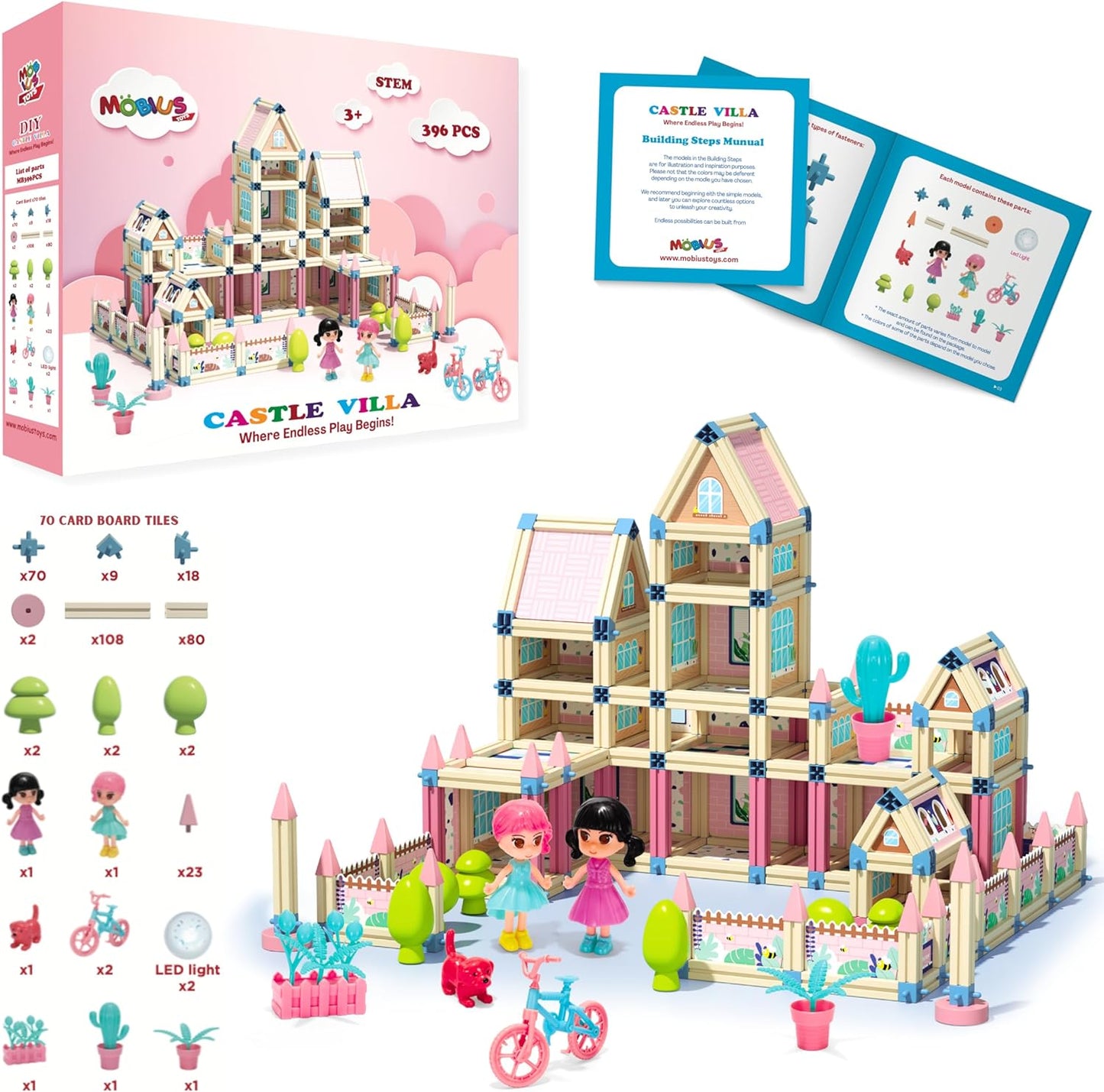 Juego de construcción de casa de muñecas con castillo de princesa en 3D