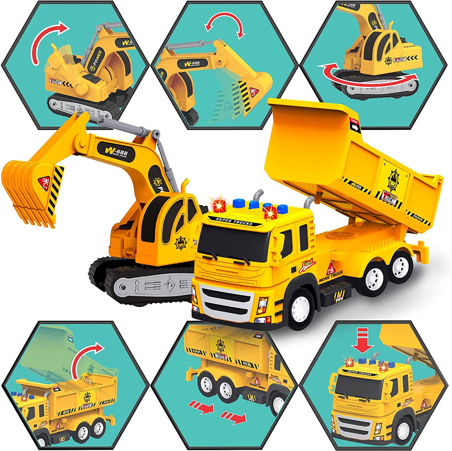 1:12 Scale Flatbed Truck with Tractor | 2 Trucks with Accessories Toy Set