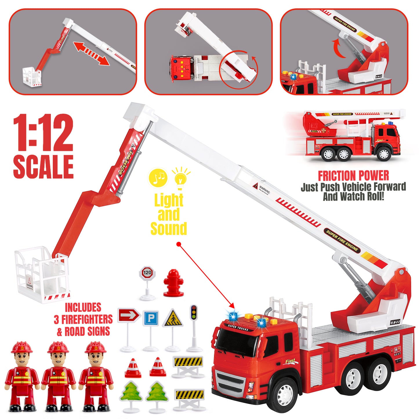 Fire Truck Friction Powered 1:12 Scale with Firefighters and Road Signs