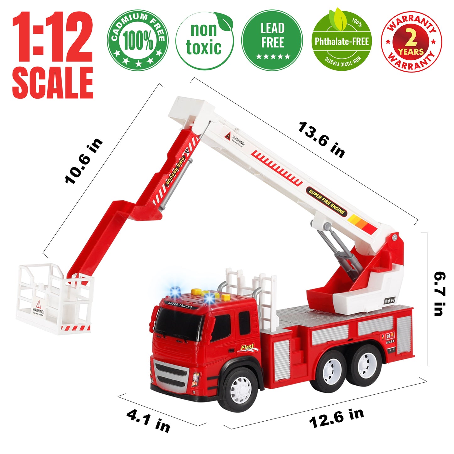 Fire Truck Friction Powered 1:12 Scale with Firefighters and Road Signs