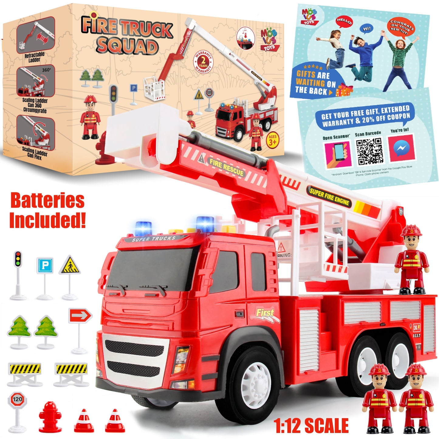 Fire Truck Friction Powered 1:12 Scale with Firefighters and Road Signs