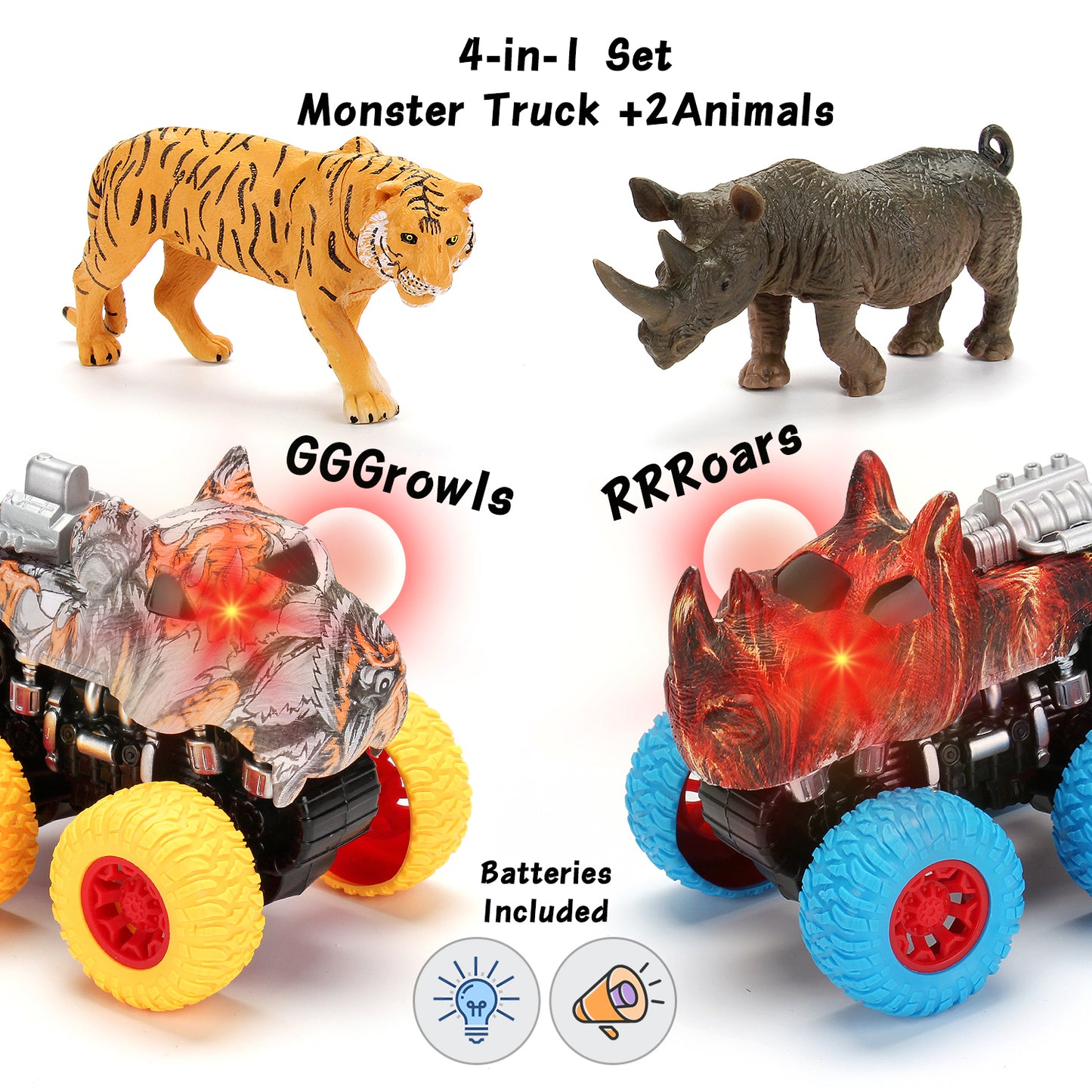 Juego de juguetes Monster Truck - 2 camiones + 2 animales de juguete