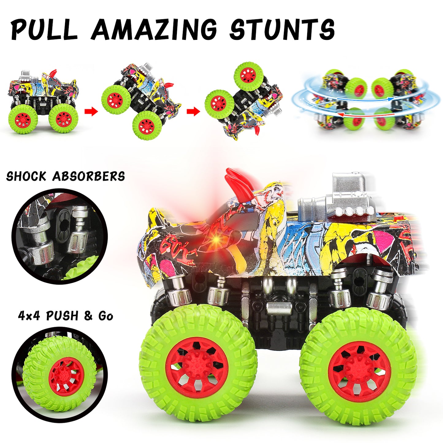 Monster Trucks - 2 Dinosaur Trucks + 2 Toy Dinosaurs | Push and Go Toys for Boys and Girls