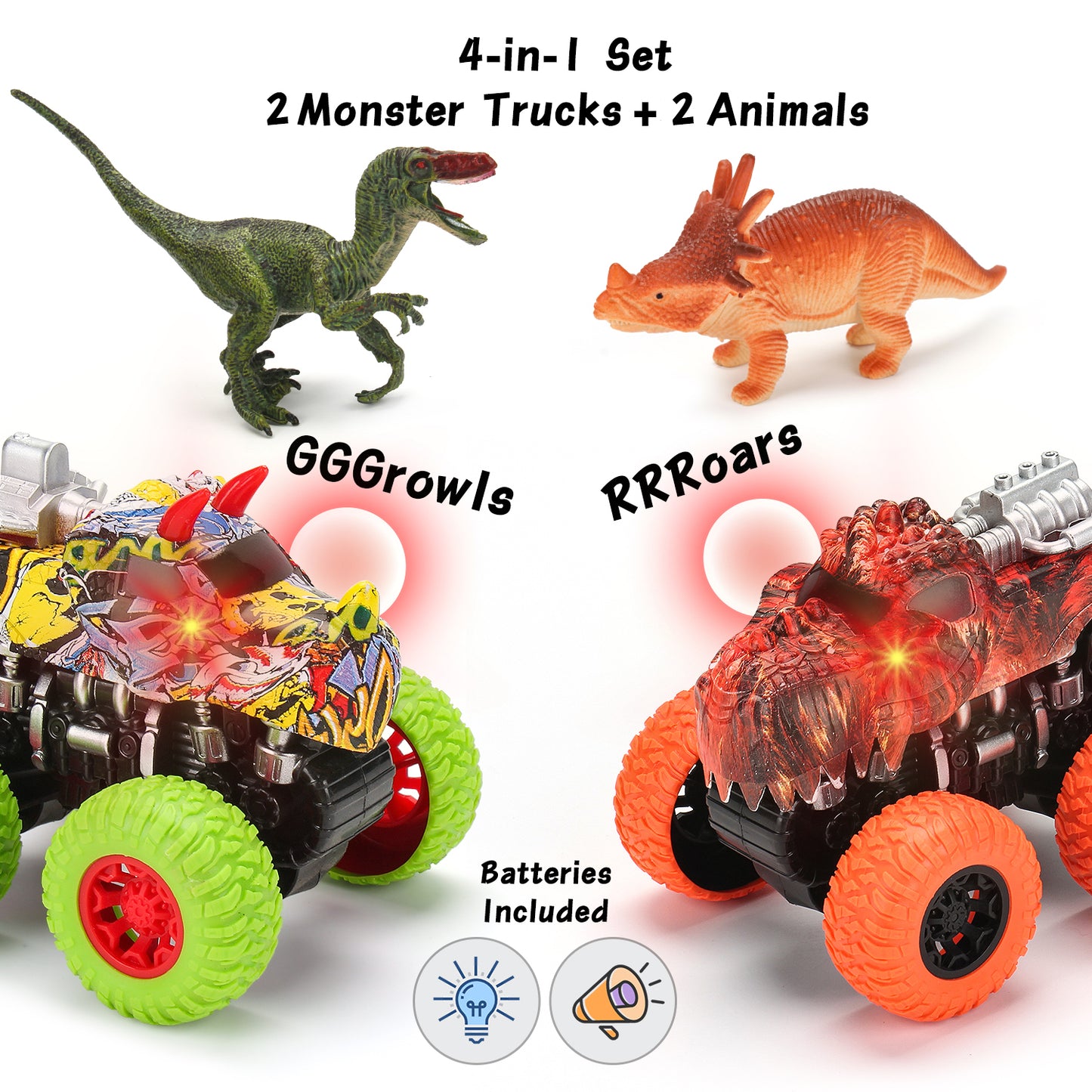 Monster Trucks - 2 Dinosaur Trucks + 2 Toy Dinosaurs | Push and Go Toys for Boys and Girls