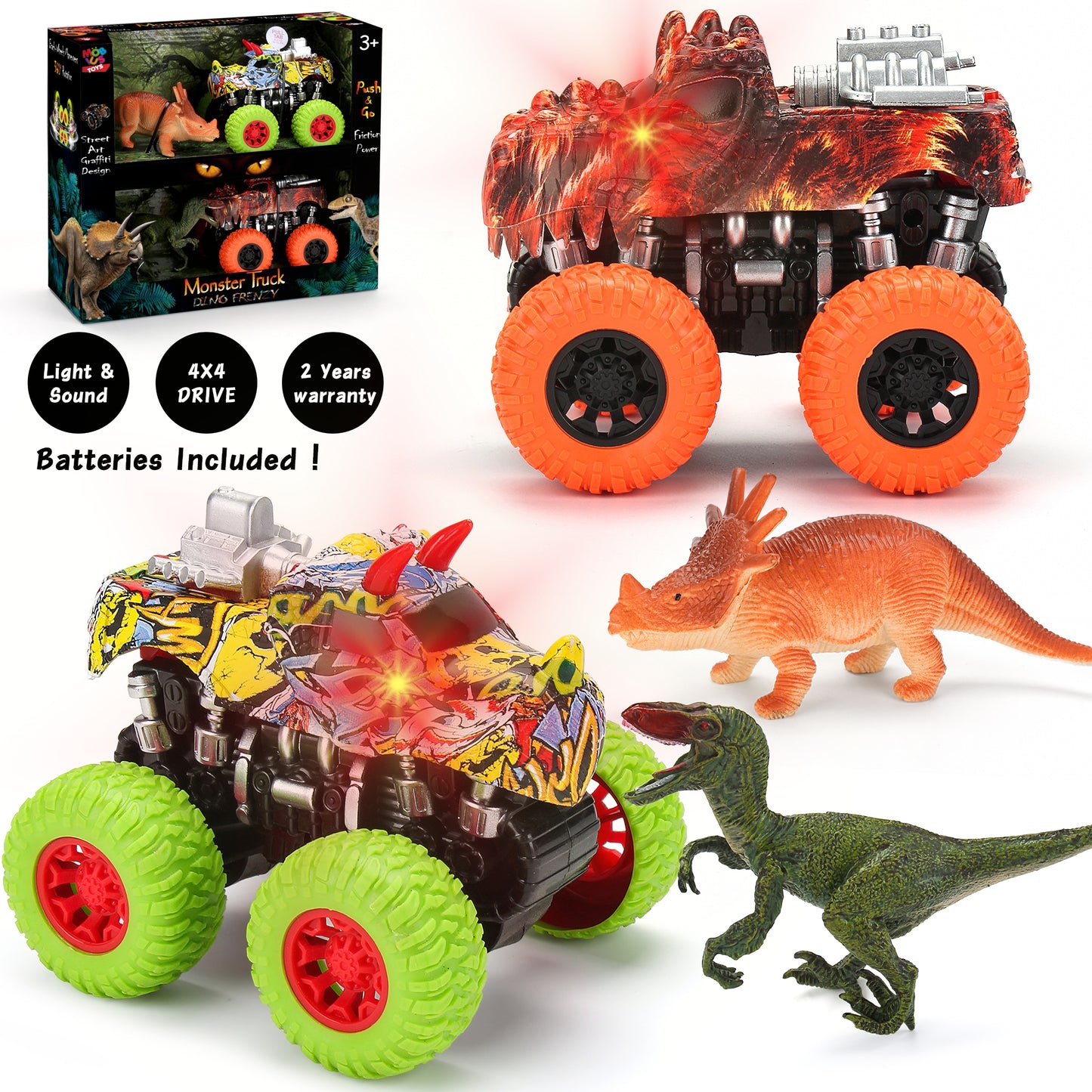 Monster Trucks - 2 Dinosaur Trucks + 2 Toy Dinosaurs | Push and Go Toys for Boys and Girls