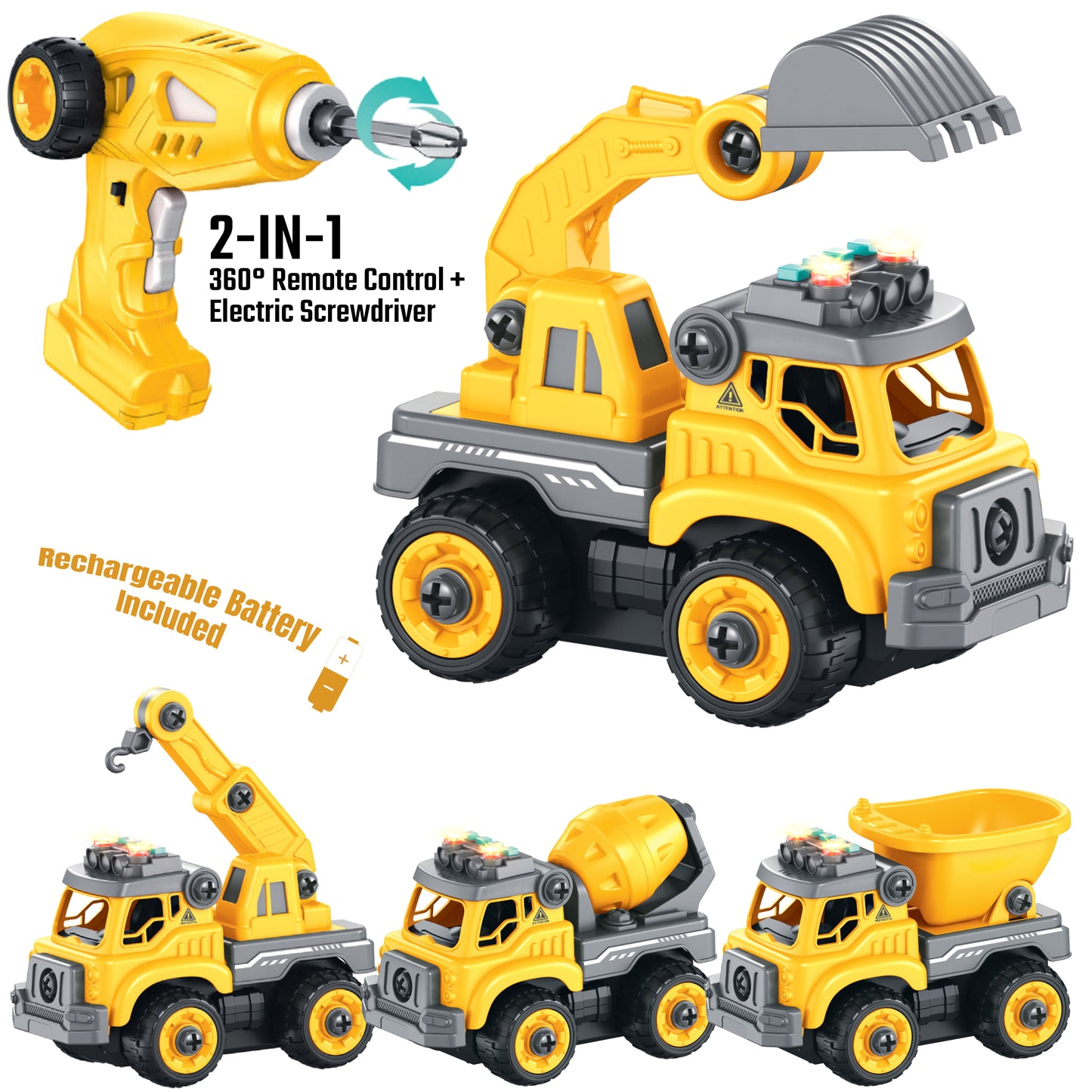 4 in 1 RC Take Apart Construction Trucks Set | Remote Control Toys for Boys and Girls