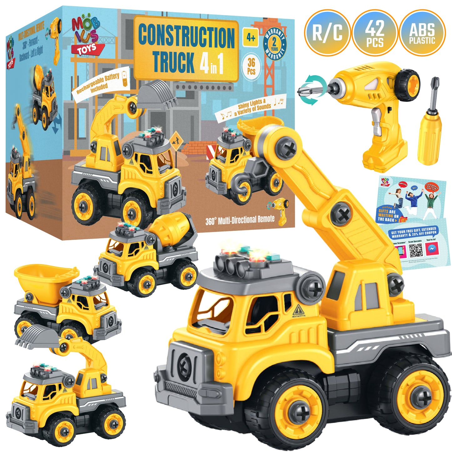 4 in 1 RC Take Apart Construction Trucks Set | Remote Control Toys for Boys and Girls