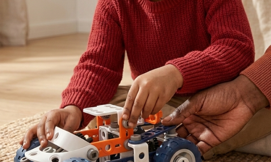 A young child in a red knit sweater sits on a woven rug indoors, playing with a small toy vehicle built from orange, white, and blue building blocks. An adult hand is helping adjust the toy, and a softly lit living room background is visible.