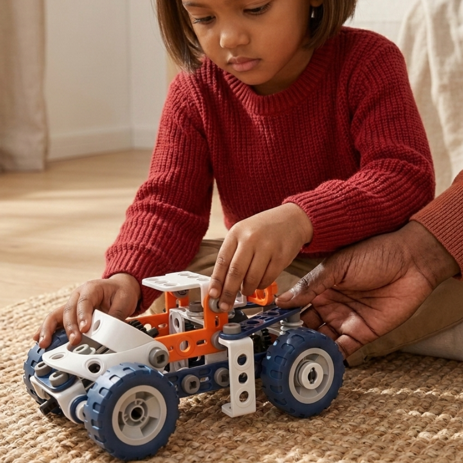 A young child in a red knit sweater sits on a woven rug indoors, playing with a small toy vehicle built from orange, white, and blue building blocks. An adult hand is helping adjust the toy, and a softly lit living room background is visible.
