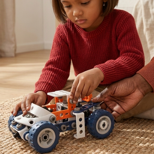 A young child in a red knit sweater sits on a woven rug indoors, playing with a small toy vehicle built from orange, white, and blue building blocks. An adult hand is helping adjust the toy, and a softly lit living room background is visible.
