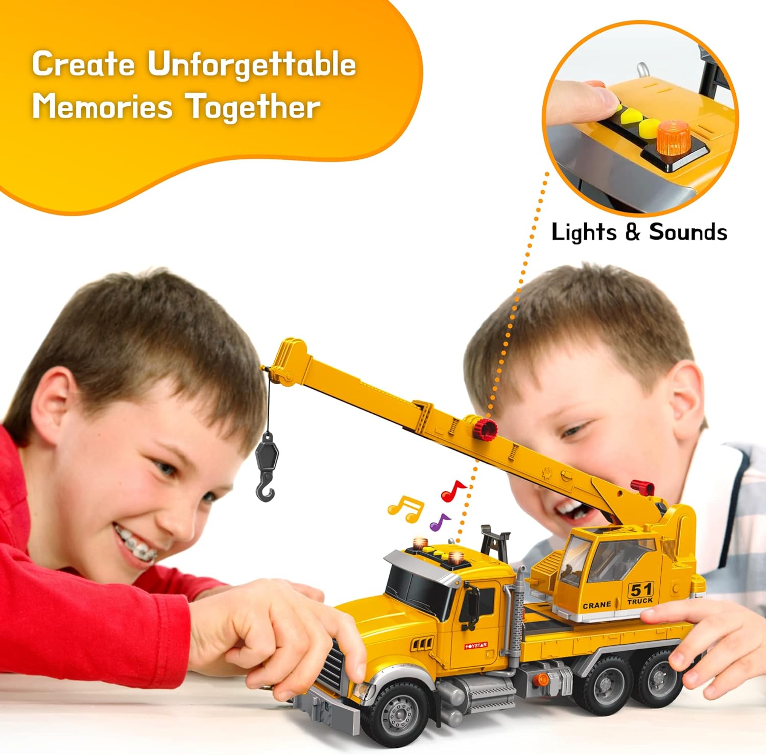 Crane Truck Toy Set - Kids Construction Crane Truck w/Extending Arm, Rotation, Various Props and Buttons