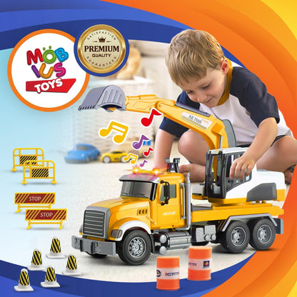 Excavator Flatbed Truck Toys for Boys - Friction-Powered Construction Flatbed Trucks Toys