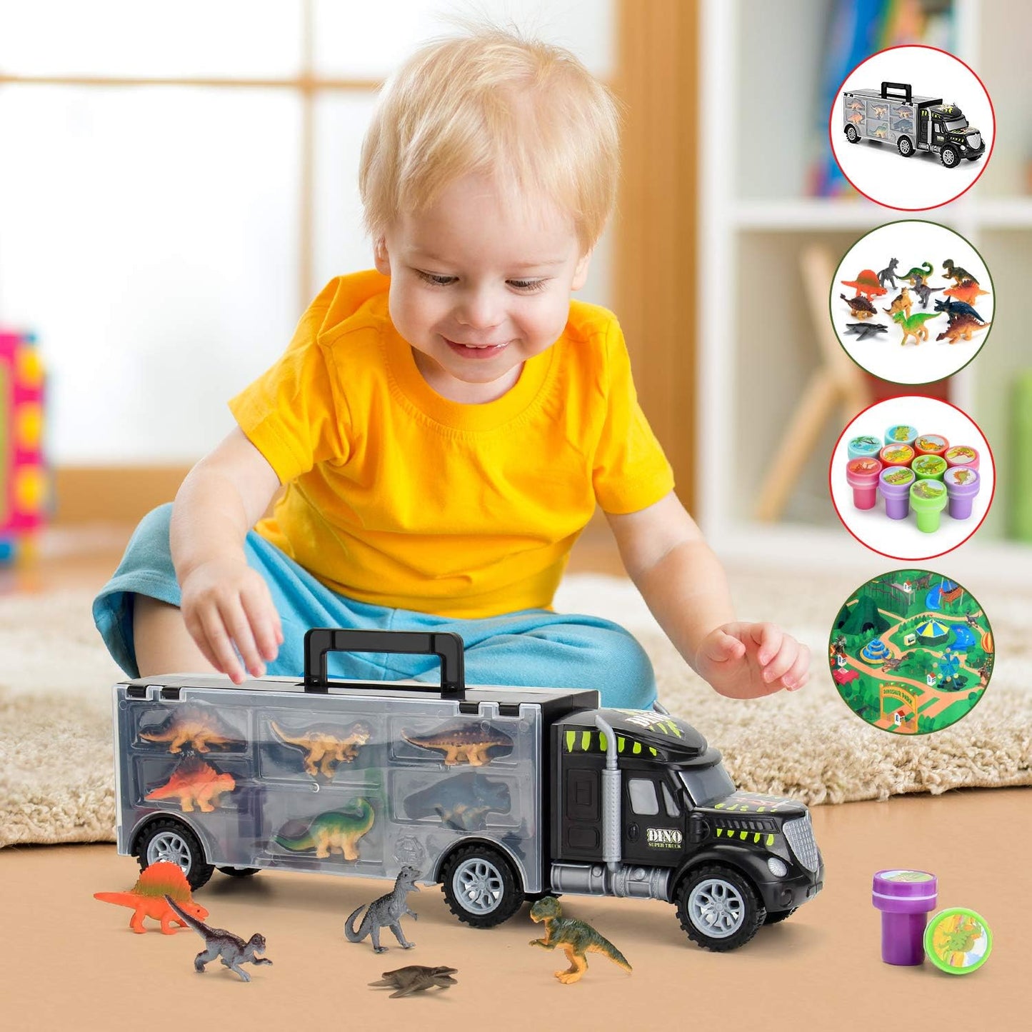 Dinosaur Truck Carrier with 12 Toy Action Figure Dinosaurs with XL Playmat