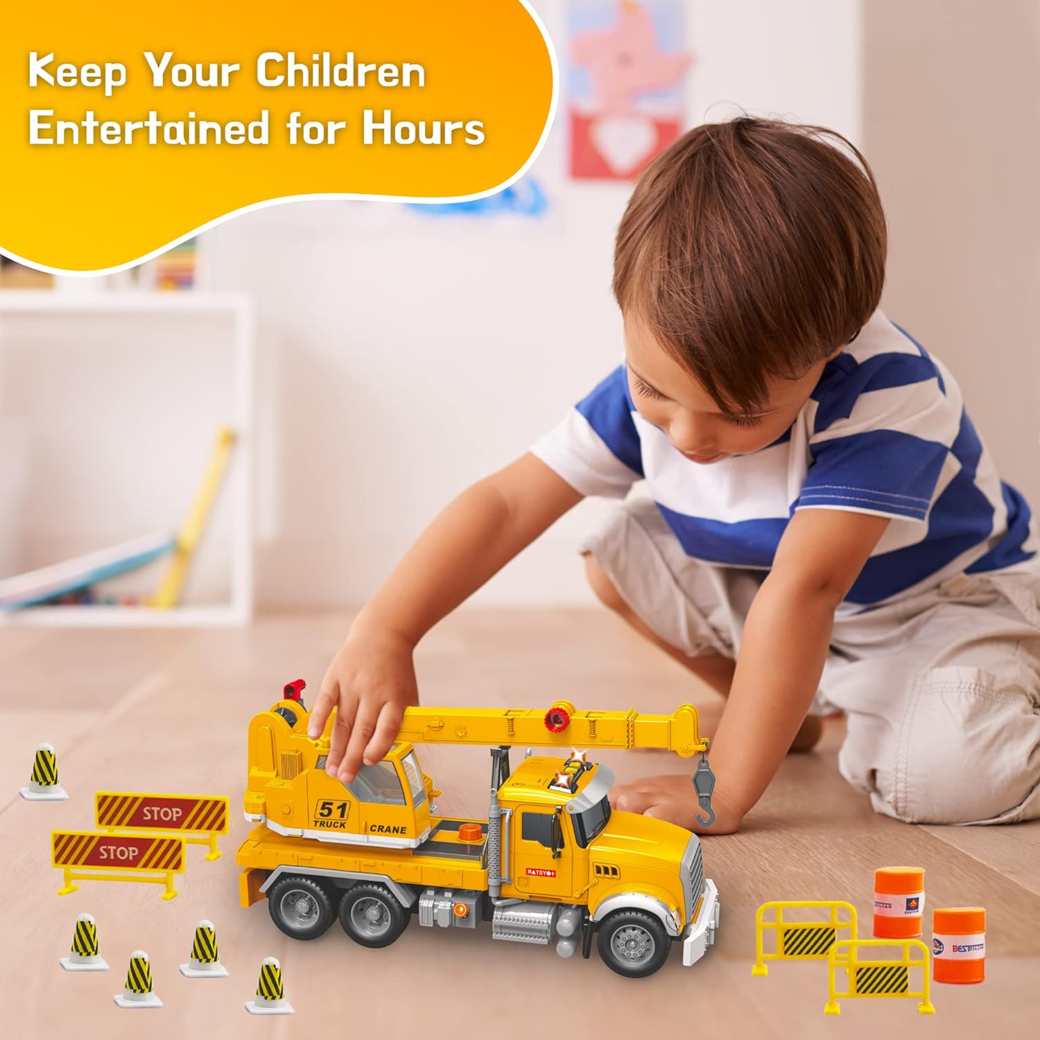 Crane Truck Toy Set - Kids Construction Crane Truck w/Extending Arm, Rotation, Various Props and Buttons