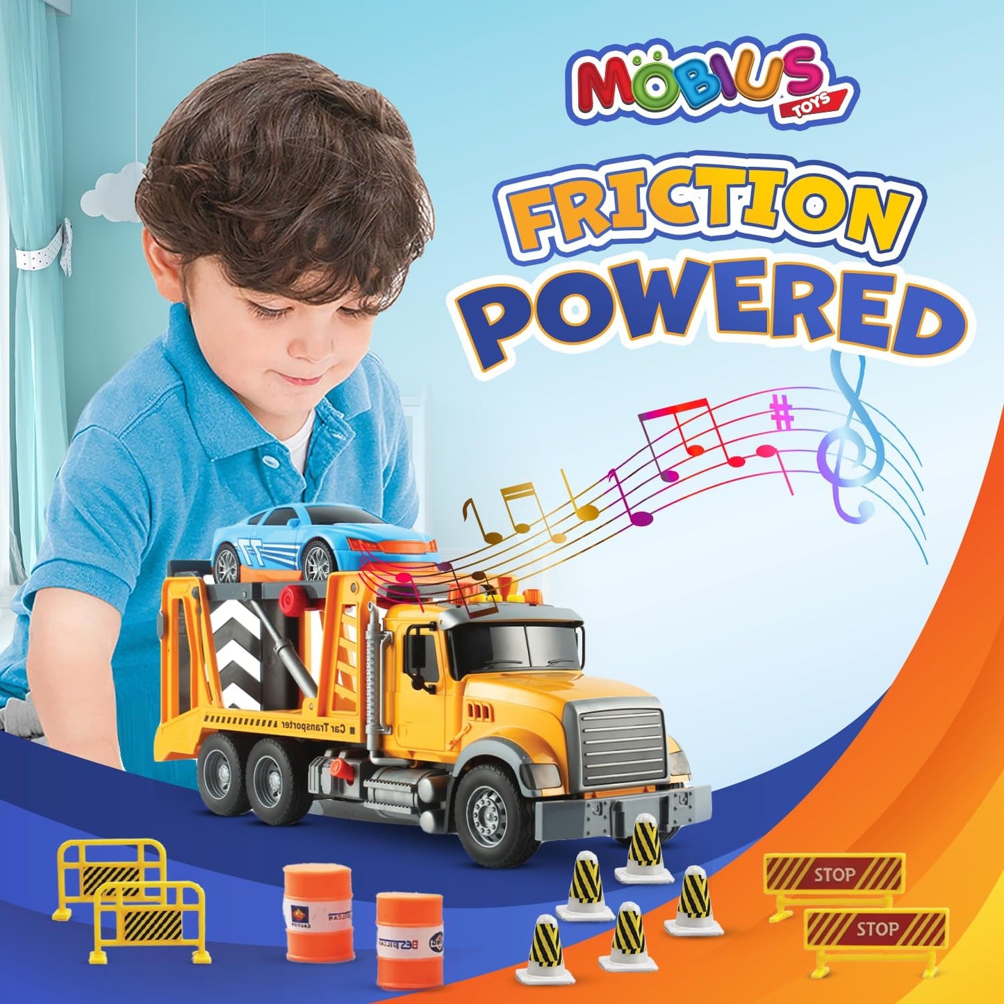 Tow Truck Toy with Race Car – Friction-Powered Tow Trucks for Boys Age 3-5 with Realistic Flashing Lights & Sounds – Playset for Kids Ages 3-9 - Includes 11 Cool Accessories for Interactive Play