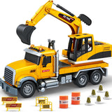 Camiones de plataforma con excavadora de juguete para niños: camiones de plataforma con juguetes de construcción impulsados ​​por fricción 