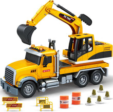 Загрузить изображение в средство просмотра галереи, Excavator Flatbed Truck Toys for Boys - Friction-Powered Construction Flatbed Trucks Toys
