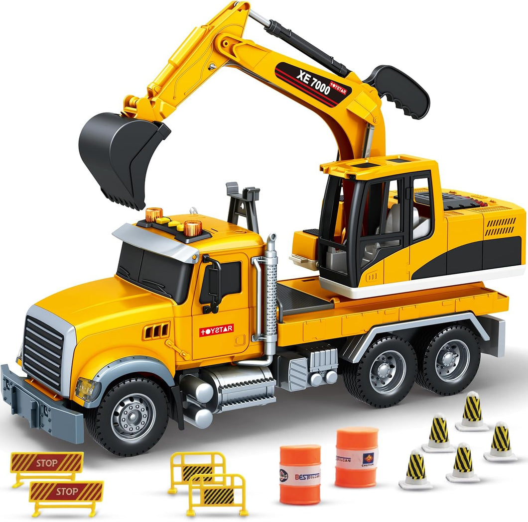 Excavator Flatbed Truck Toys for Boys - Friction-Powered Construction Flatbed Trucks Toys