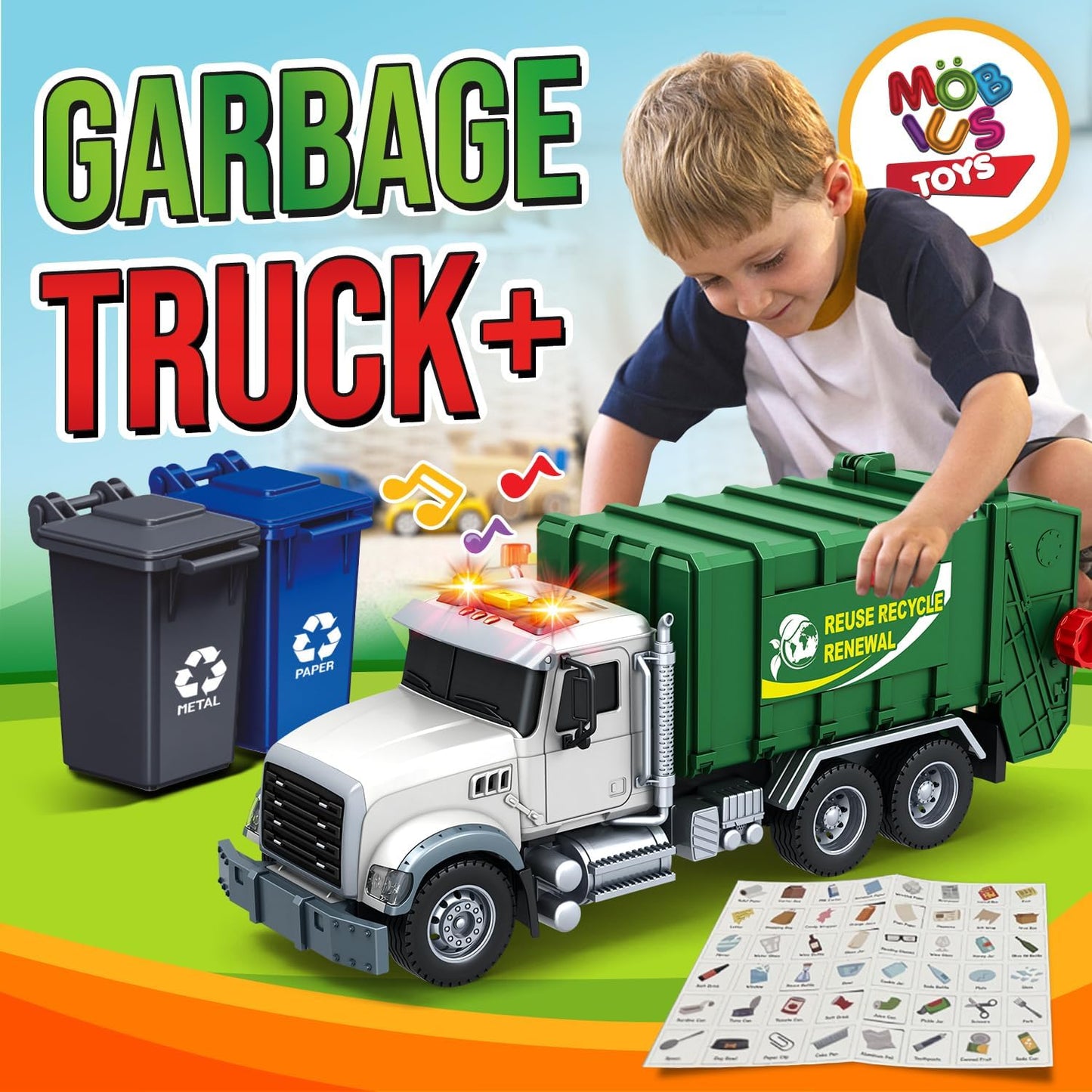 Garbage Truck Toy Set with Garbage Truck, 2 Trash Cans & 48 Flashcards