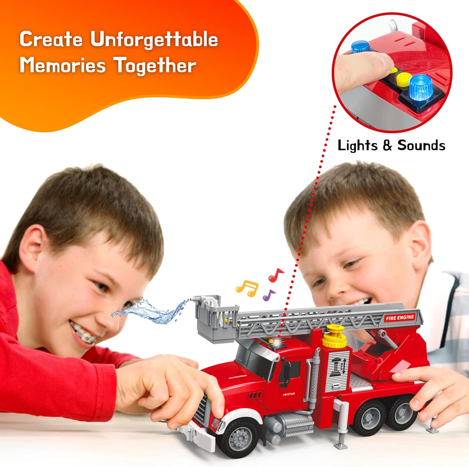 Fire Truck Toy Set with Water Spraying Hose, Rotating Ladder + 3 Fireman Firefighters