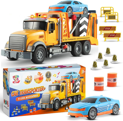 Tow Truck Toy with Race Car – Friction-Powered Tow Trucks for Boys Age 3-5 with Realistic Flashing Lights & Sounds – Playset for Kids Ages 3-9 - Includes 11 Cool Accessories for Interactive Play