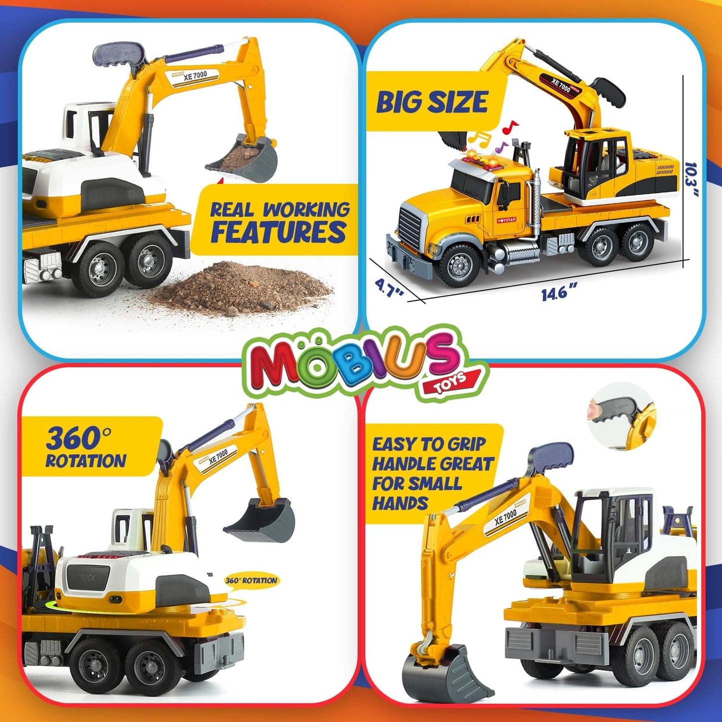 Excavator Flatbed Truck Toys for Boys - Friction-Powered Construction Flatbed Trucks Toys