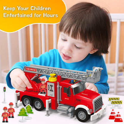 Fire Truck Toy Set with Water Spraying Hose, Rotating Ladder + 3 Fireman Firefighters