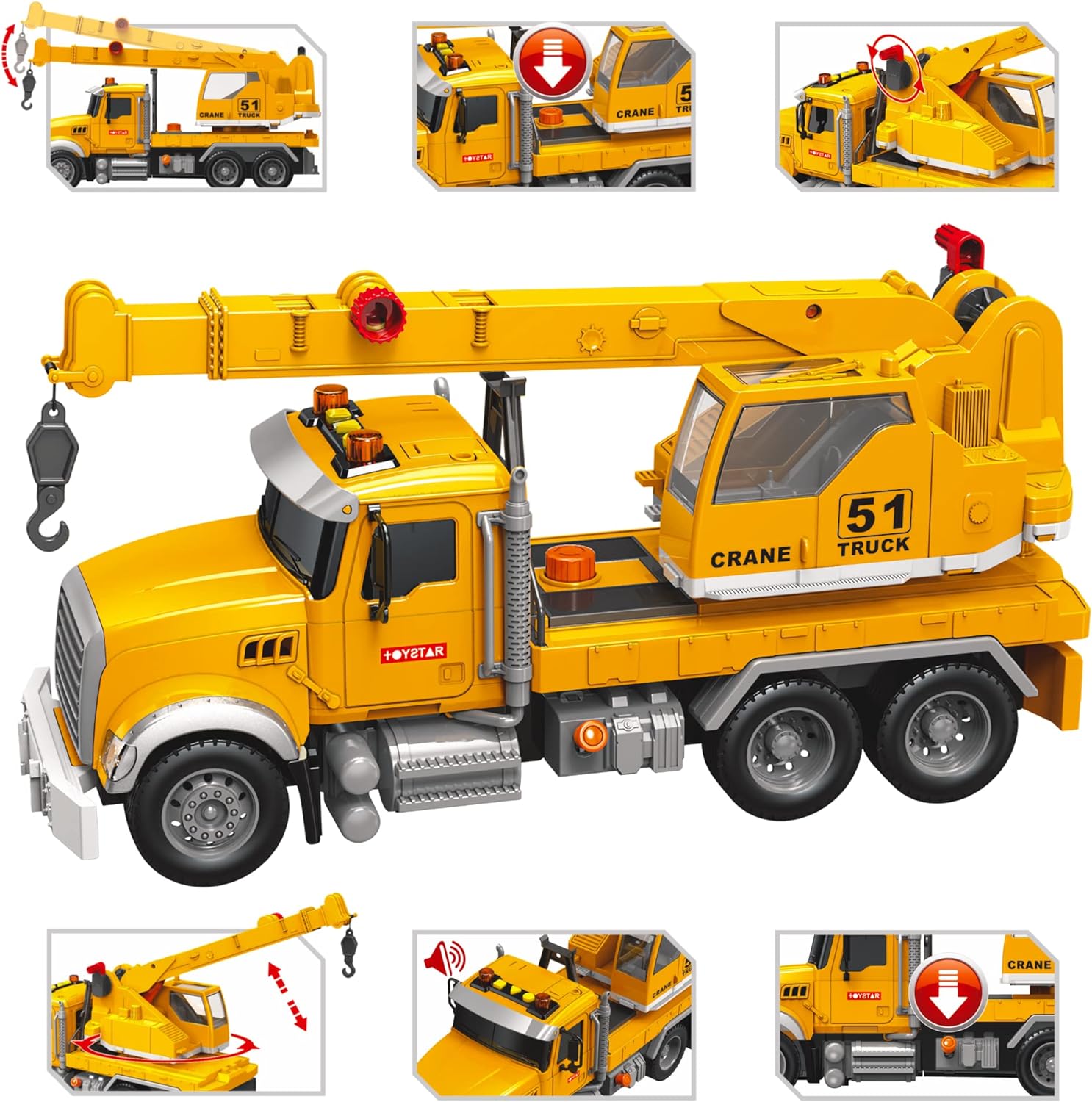 Crane Truck Toy Set - Kids Construction Crane Truck w/Extending Arm, Rotation, Various Props and Buttons