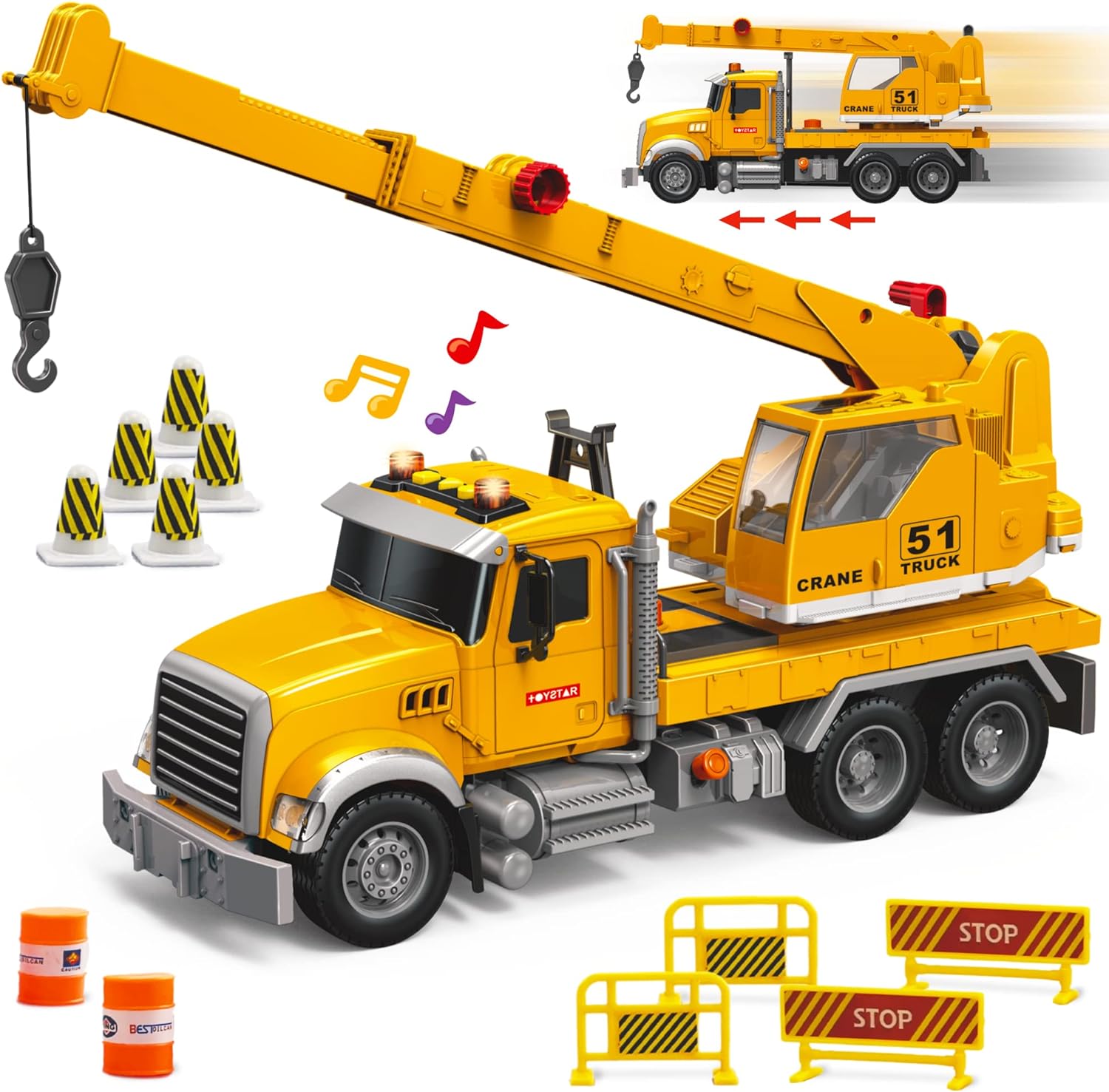 Crane Truck Toy Set - Kids Construction Crane Truck w/Extending Arm, Rotation, Various Props and Buttons