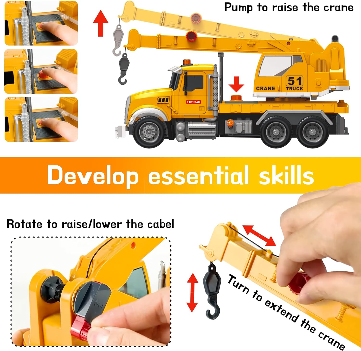 Crane Truck Toy Set - Kids Construction Crane Truck w/Extending Arm, Rotation, Various Props and Buttons