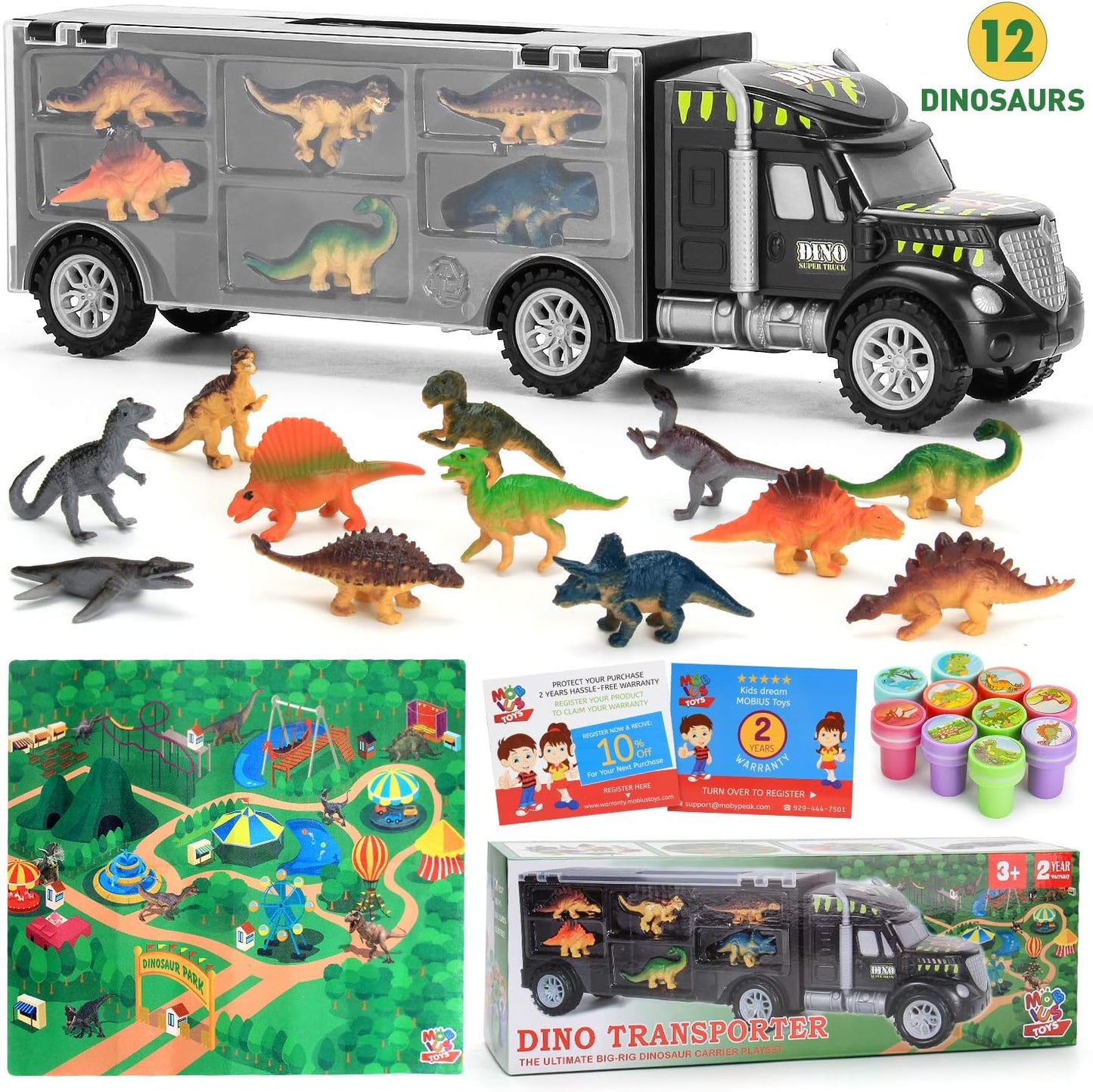 Dinosaur Truck Carrier with 12 Toy Action Figure Dinosaurs with XL Playmat