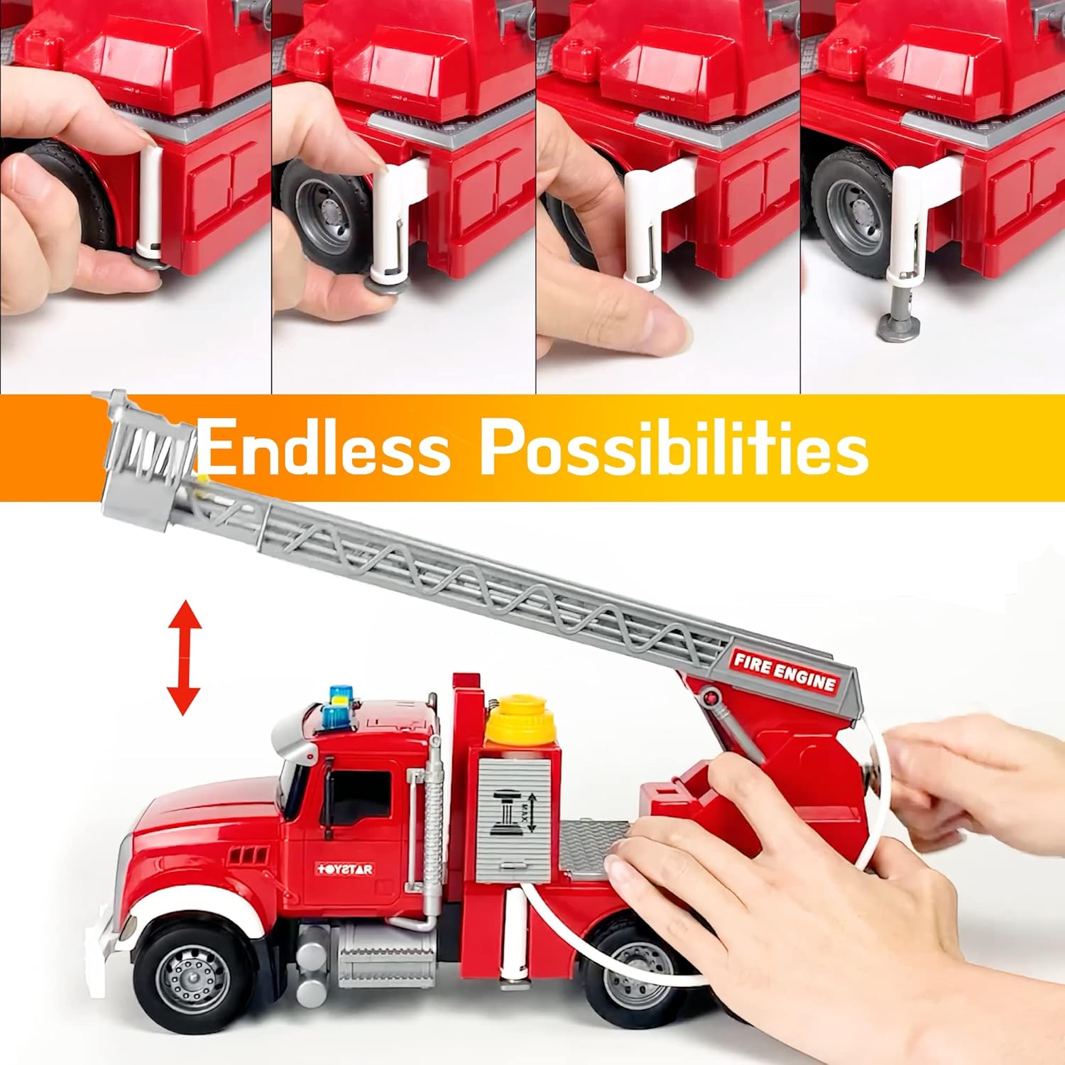 Fire Truck Toy Set with Water Spraying Hose, Rotating Ladder + 3 Fireman Firefighters