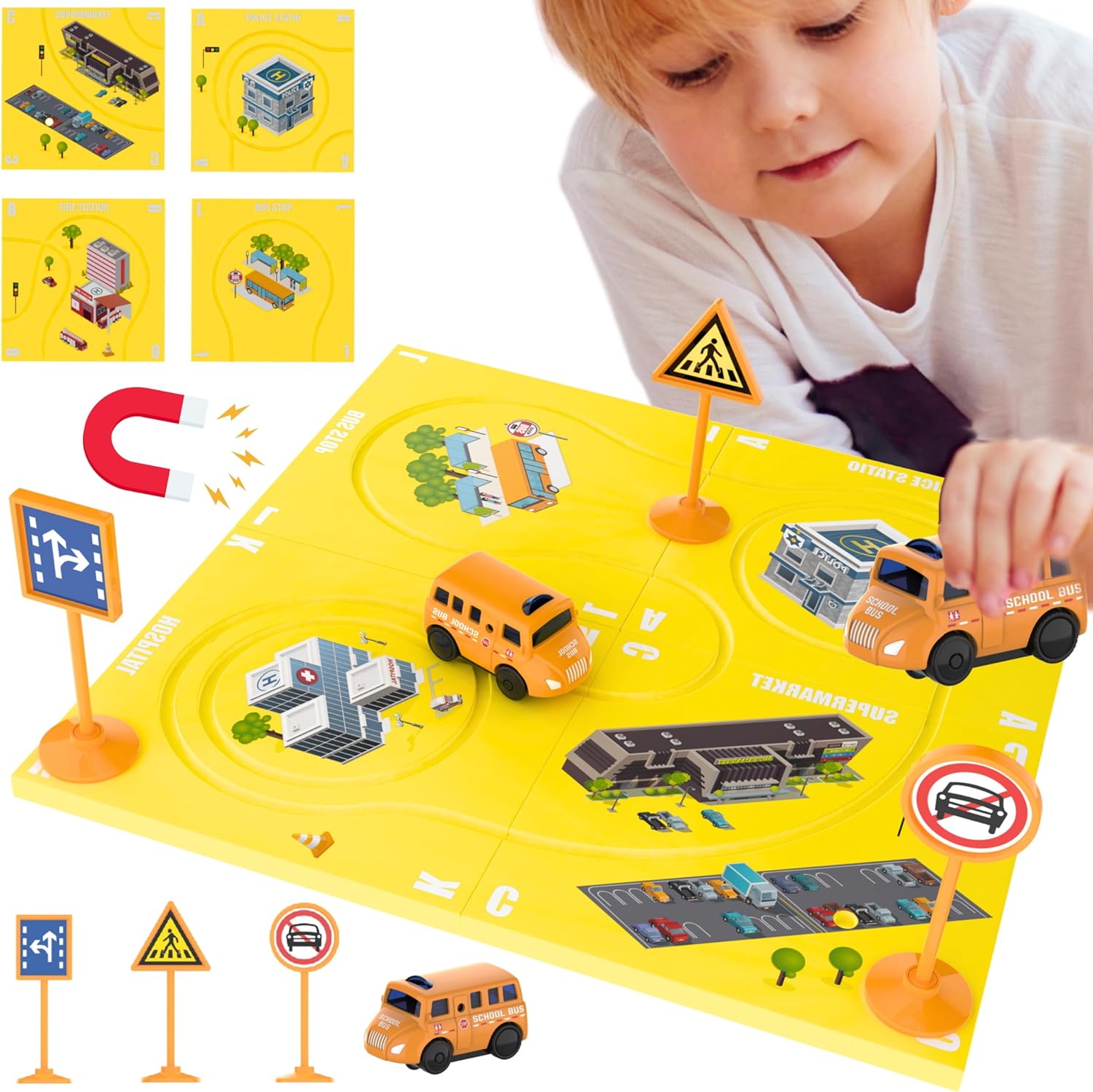 (8 Piece) Puzzle Racer Kids Car Track Set - Magnet Toddler Race Tracks for Kids 3-5