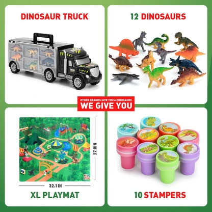 Dinosaur Truck Carrier with 12 Toy Action Figure Dinosaurs with XL Playmat