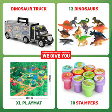 Cargar imagen en el visor de la galería, Dinosaur Truck Carrier with 12 Toy Action Figure Dinosaurs with XL Playmat
