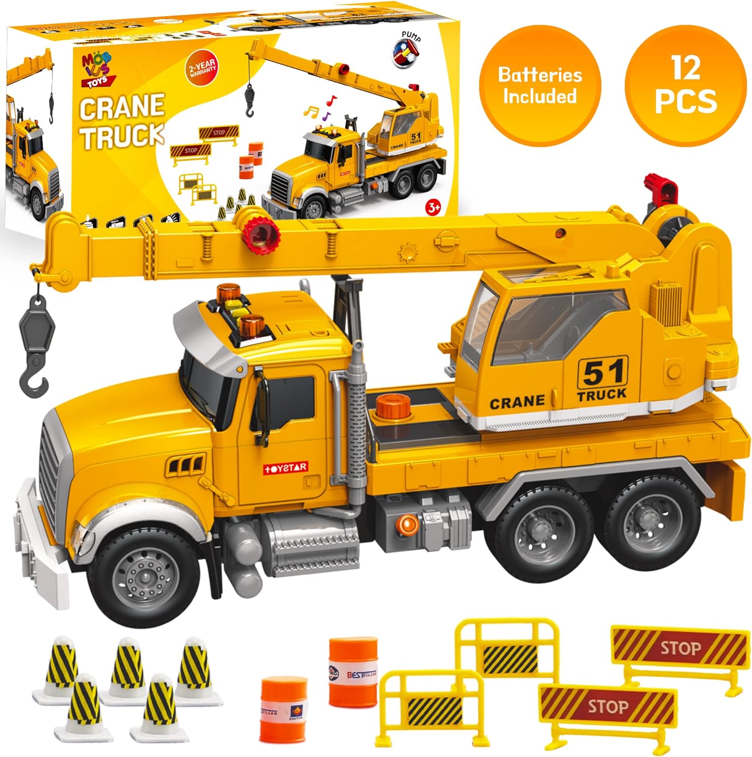 Crane Truck Toy Set - Kids Construction Crane Truck w/Extending Arm, Rotation, Various Props and Buttons