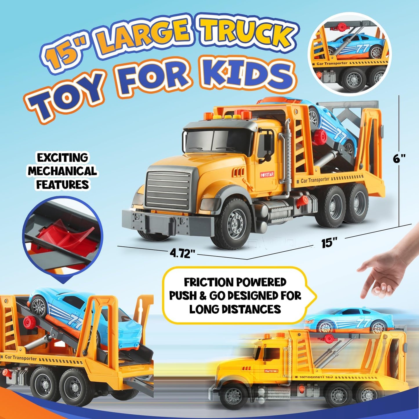 Tow Truck Toy with Race Car – Friction-Powered Tow Trucks for Boys Age 3-5 with Realistic Flashing Lights & Sounds – Playset for Kids Ages 3-9 - Includes 11 Cool Accessories for Interactive Play