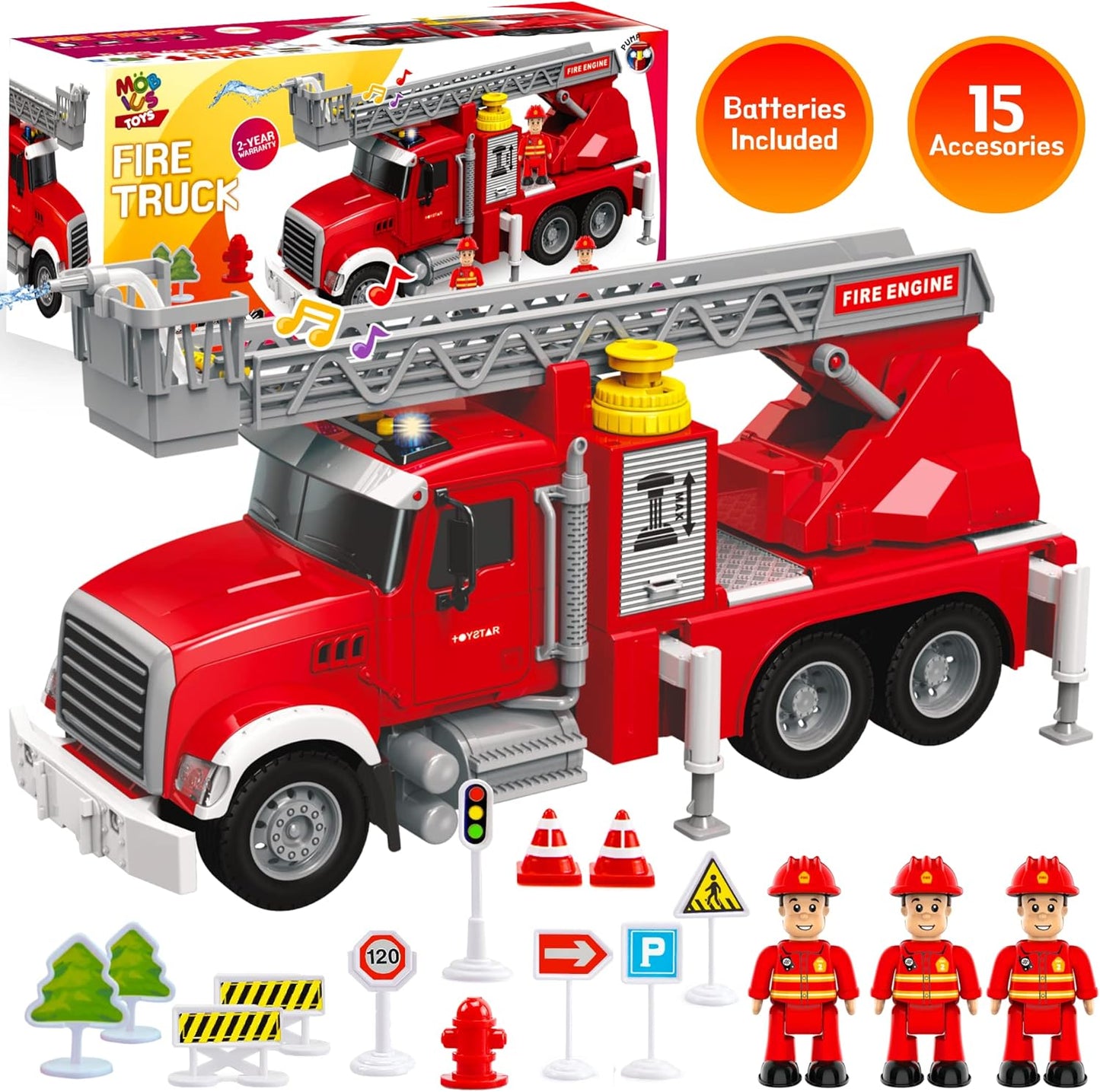 Fire Truck Toy Set with Water Spraying Hose, Rotating Ladder + 3 Fireman Firefighters