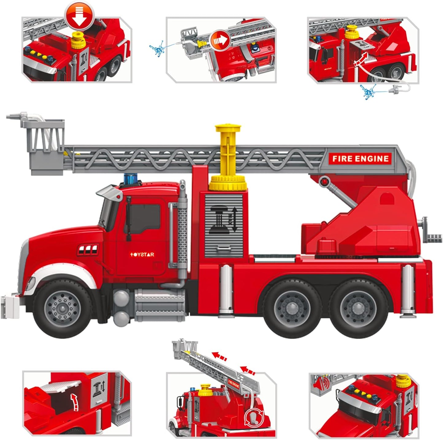 Fire Truck Toy Set with Water Spraying Hose, Rotating Ladder + 3 Fireman Firefighters