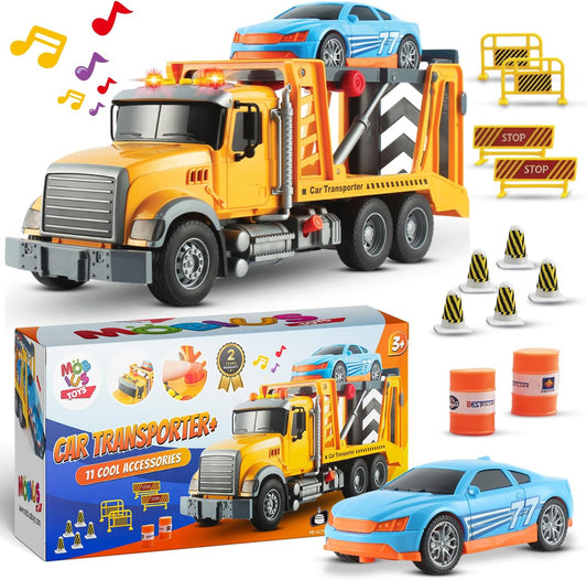 Tow Truck Toy with Race Car – Friction-Powered Tow Trucks for Boys Age 3-5 with Realistic Flashing Lights & Sounds – Playset for Kids Ages 3-9 - Includes 11 Cool Accessories for Interactive Play