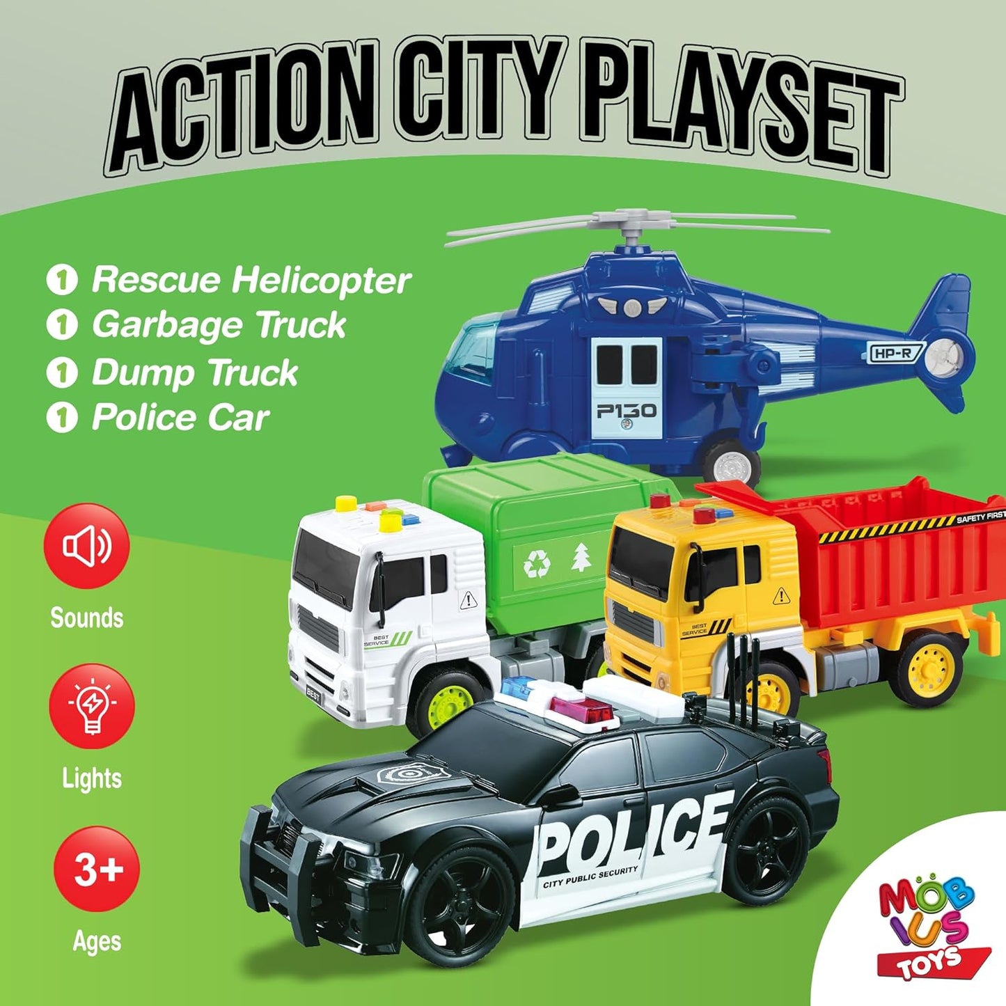 City Car Toy Playset of 4 Vehicles - Friction-Powered w/ Realistic Lights & Sounds