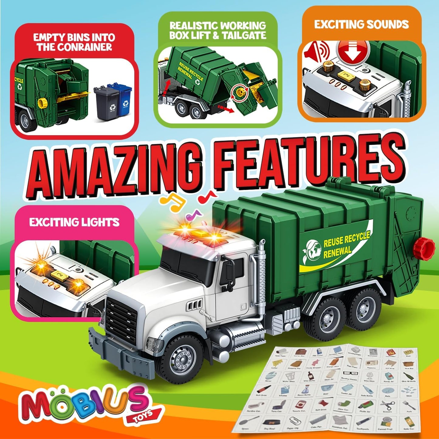 Garbage Truck Toy Set with Garbage Truck, 2 Trash Cans & 48 Flashcards