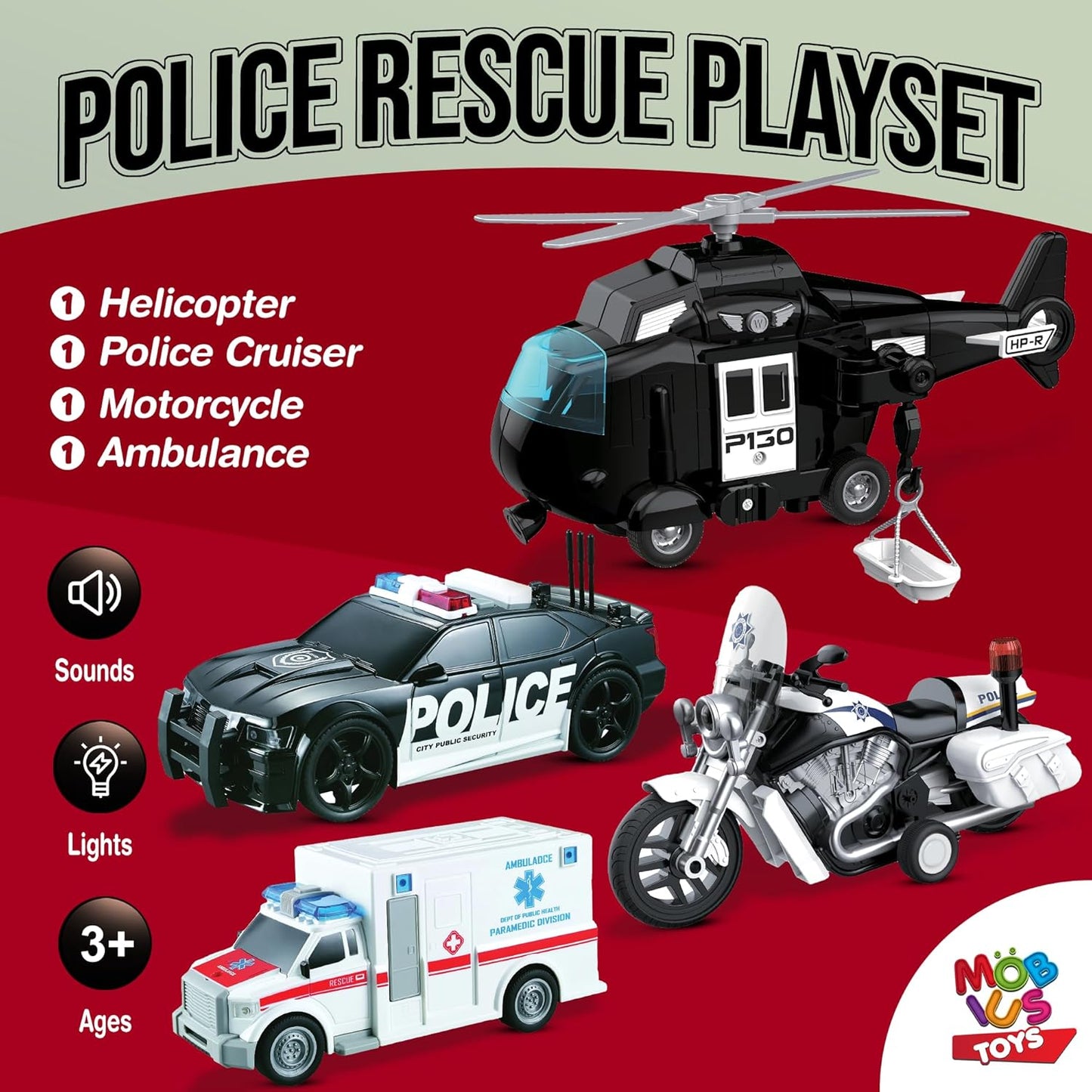 Playset of 4 Police Vehicles Includes Police Car, Helicopter, Motorcycle, Toy Ambulance